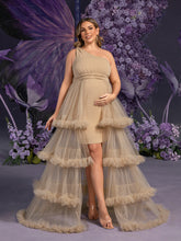 Plus Maternity  One Shoulder Sleeveless Tulle Layered Hem Party Dress